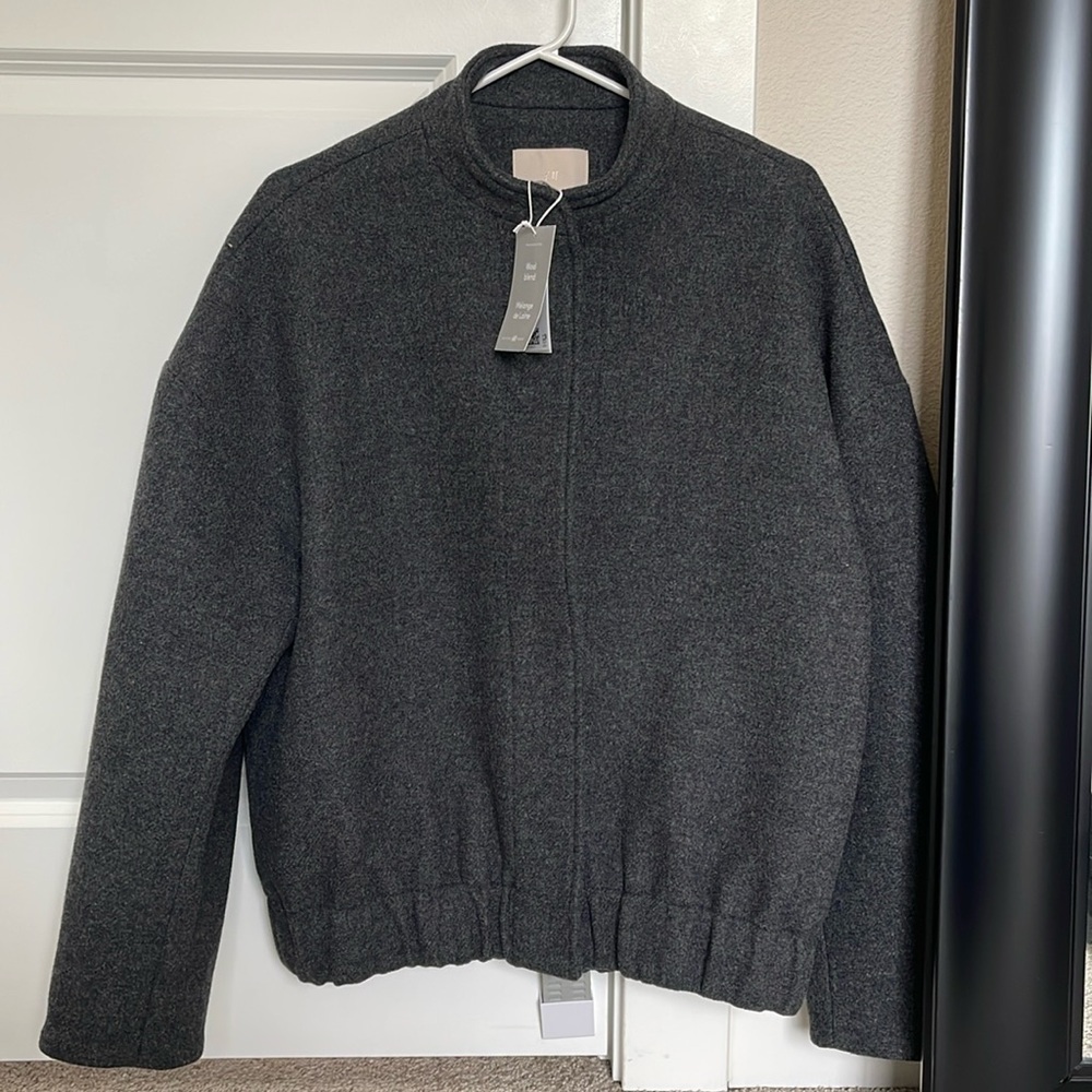 NWT H&M oversized wool blend bomber jacket, grey gray, size xs